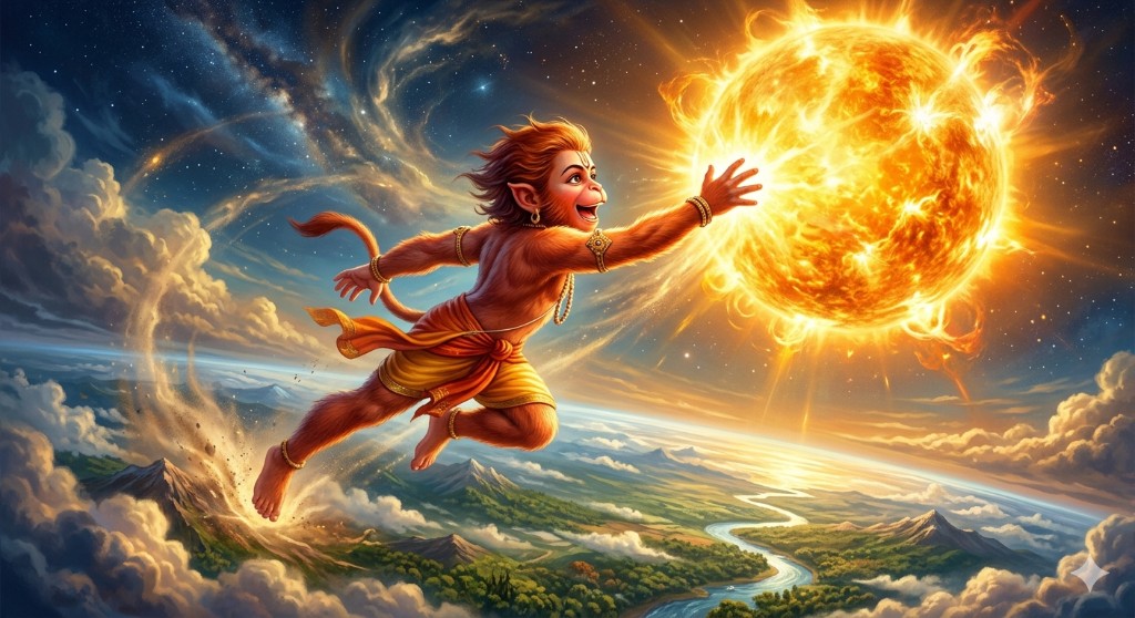 Young Hanuman leaping toward the sun, thinking it is a ripe fruit