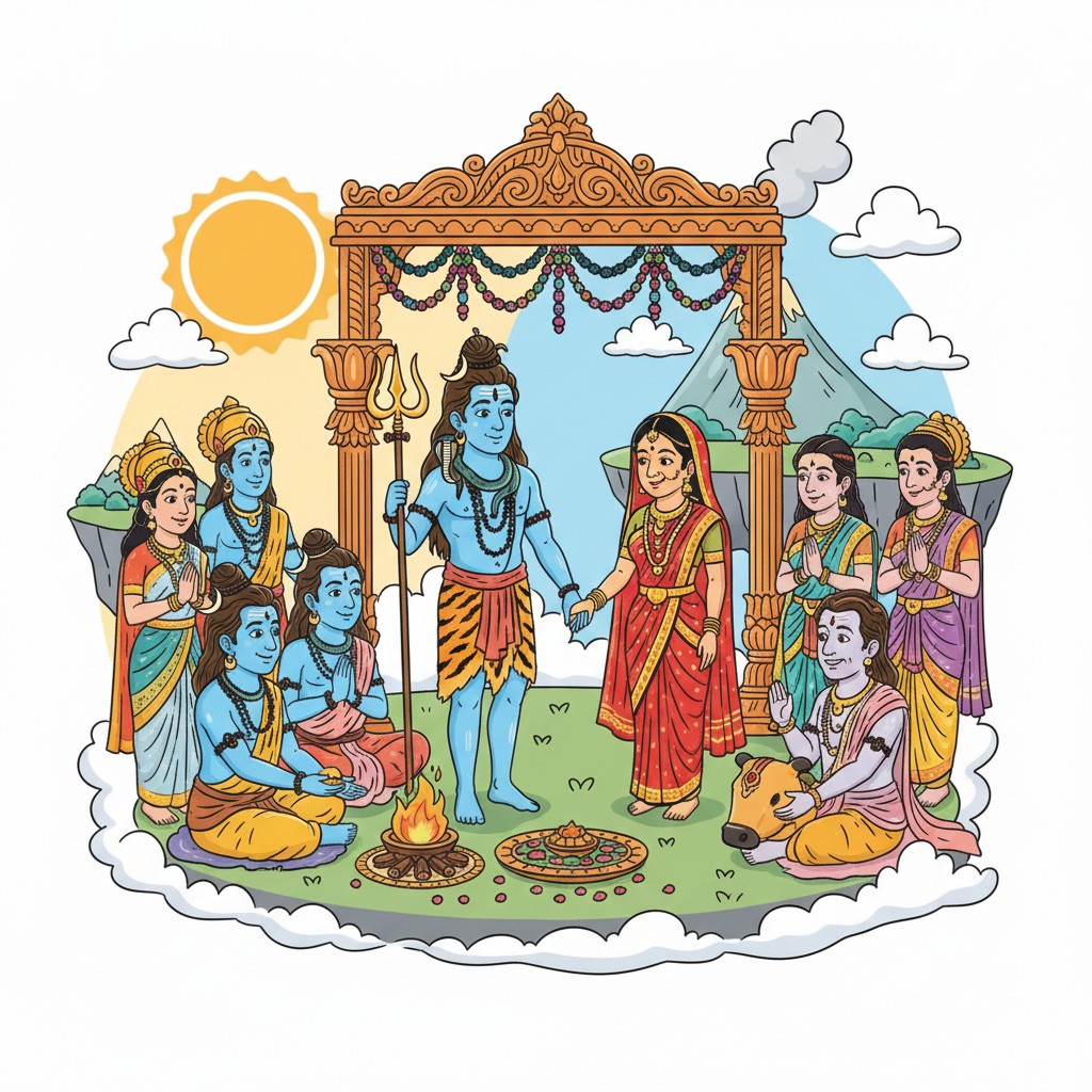 Shiva and Parvati in divine wedding (Kalyana) under a mandap with sacred fire